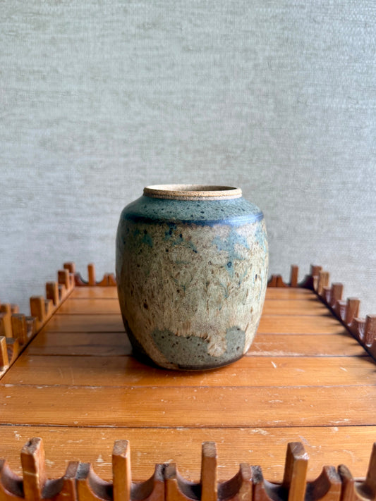 Vintage Handmade One-of-a-Kind Round Green Brown Stoneware Pottery Vase by Robert Markle, ca. 1970's