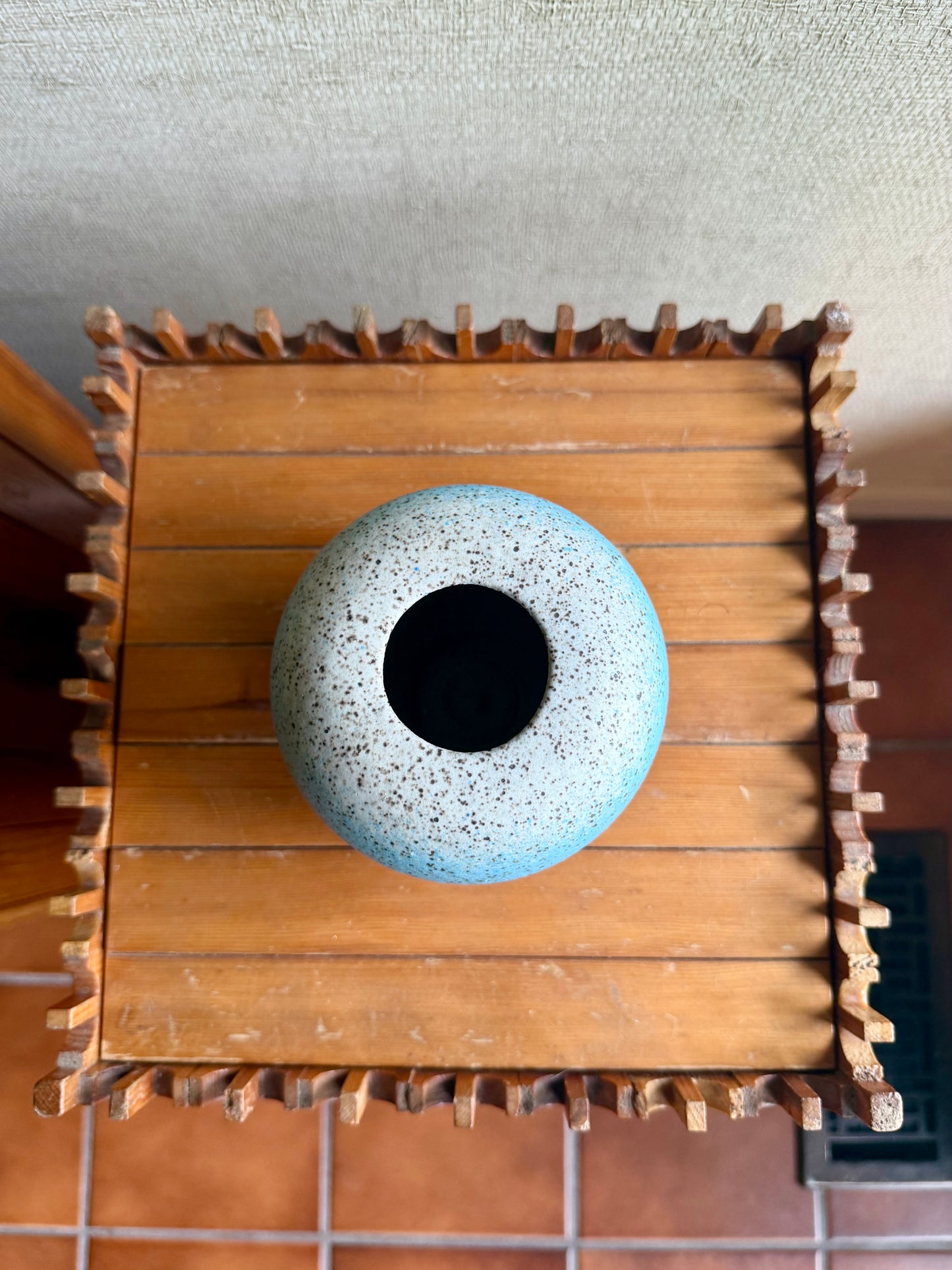 Vintage Handmade One-of-a-Kind Round White Blue Black Stoneware Studio Pottery, ca. 1960's