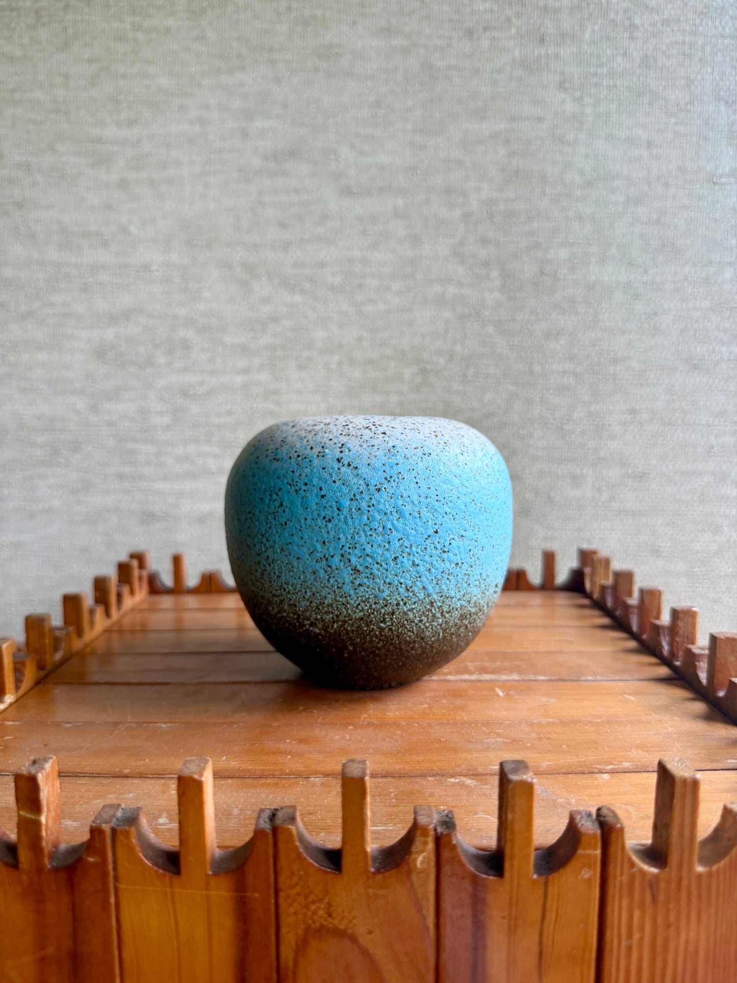 Vintage Handmade One-of-a-Kind Round White Blue Black Stoneware Studio Pottery, ca. 1960's