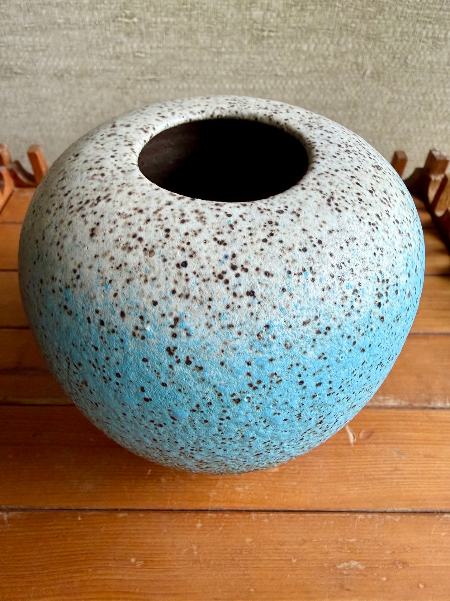Vintage Handmade One-of-a-Kind Round White Blue Black Stoneware Studio Pottery, ca. 1960's