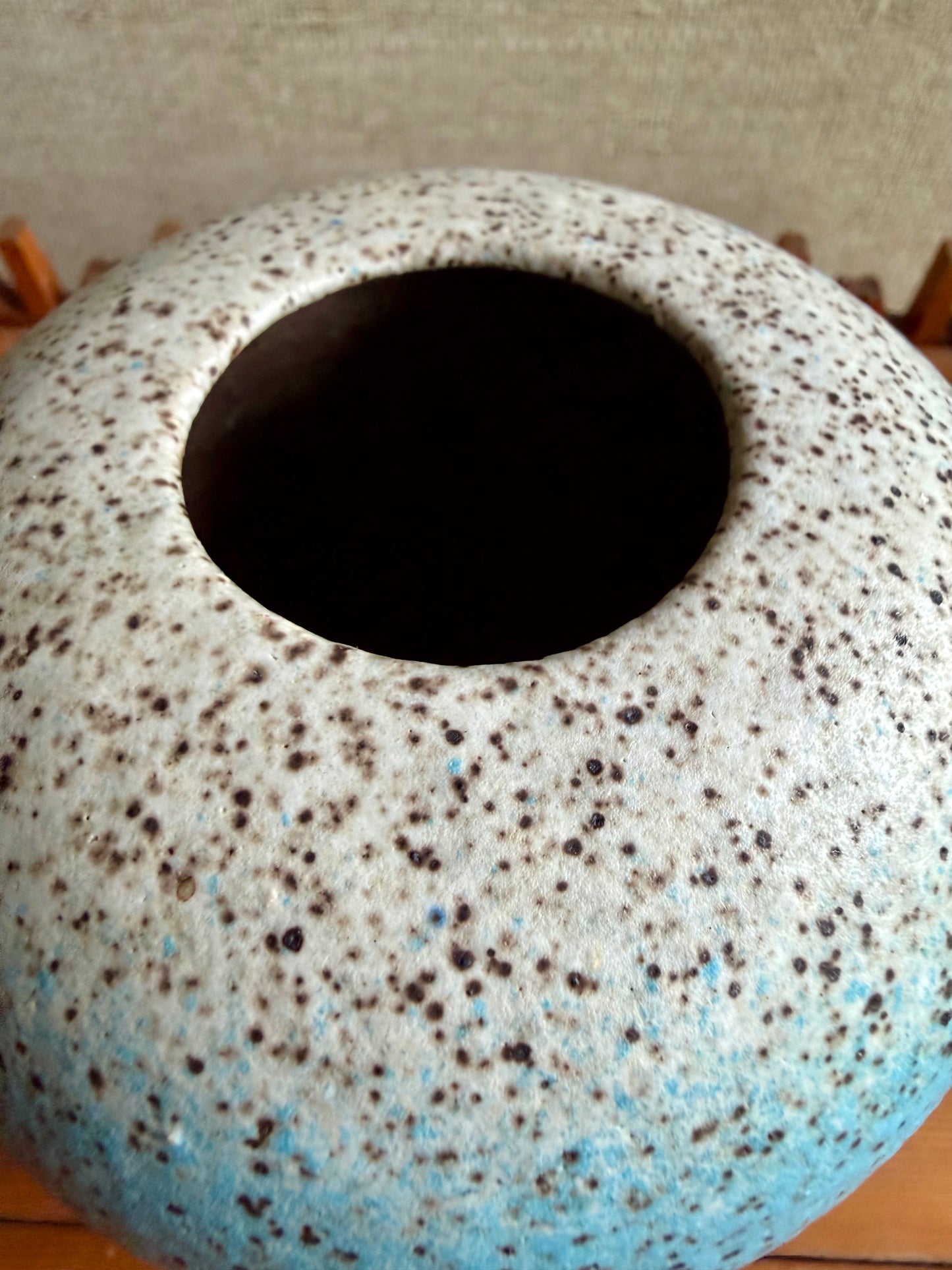 Vintage Handmade One-of-a-Kind Round White Blue Black Stoneware Studio Pottery, ca. 1960's