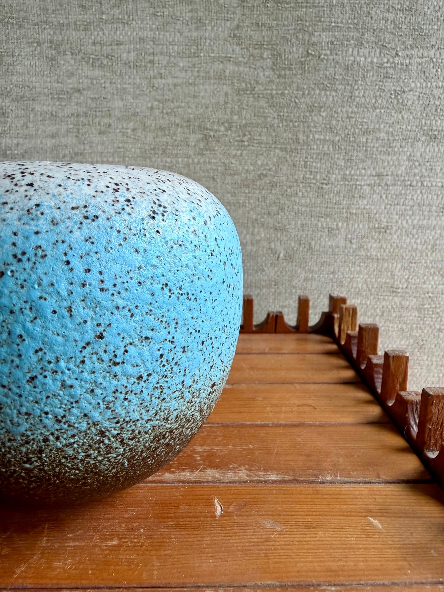 Vintage Handmade One-of-a-Kind Round White Blue Black Stoneware Studio Pottery, ca. 1960's