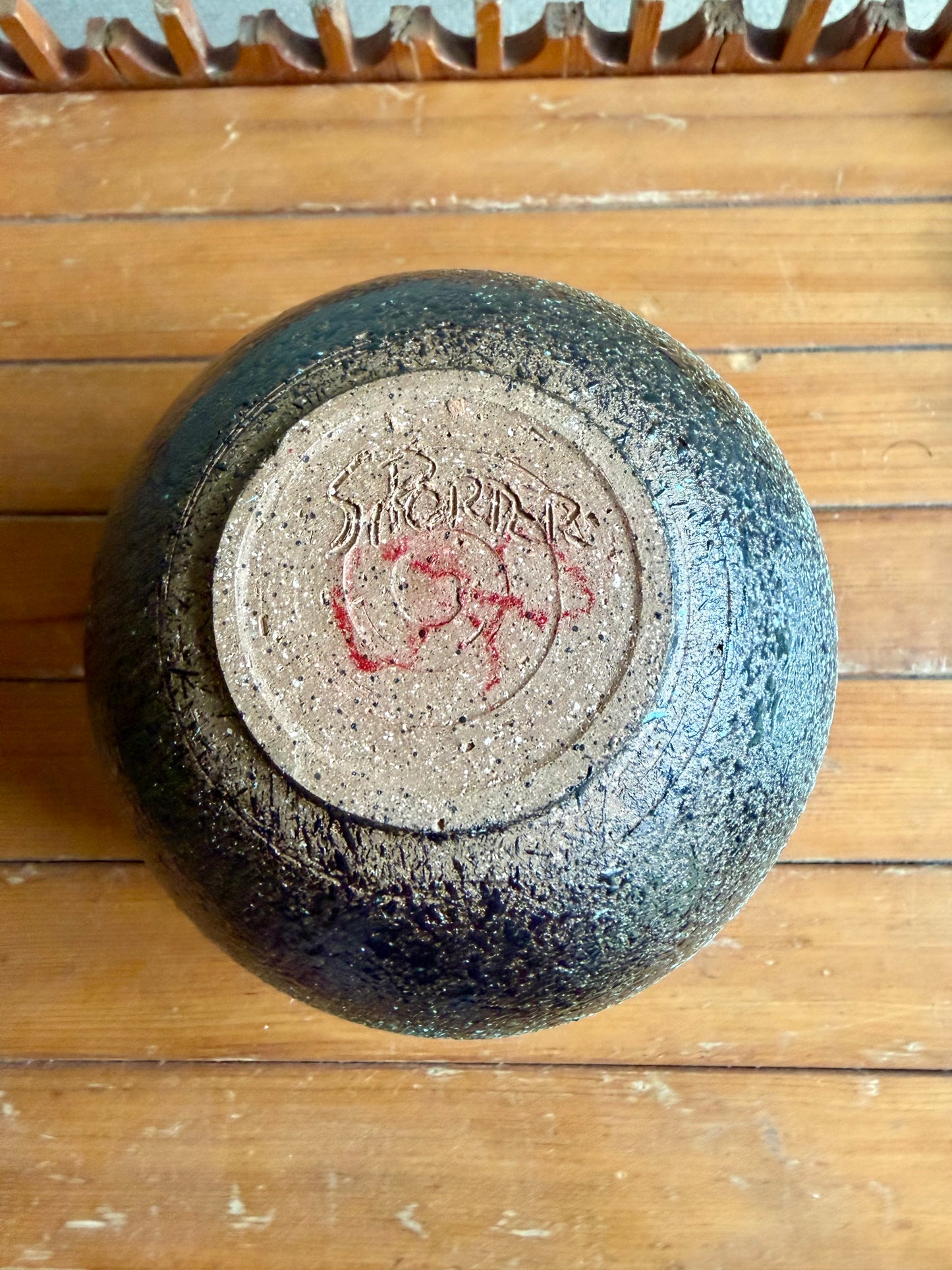 Vintage Handmade One-of-a-Kind Round White Blue Black Stoneware Studio Pottery, ca. 1960's