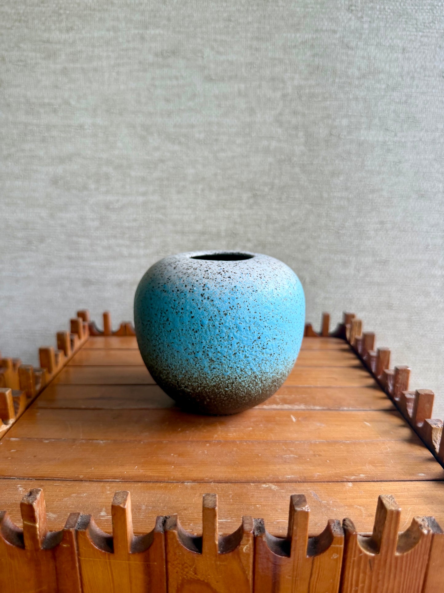 Vintage Handmade One-of-a-Kind Round White Blue Black Stoneware Studio Pottery, ca. 1960's