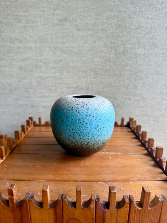 Vintage Handmade One-of-a-Kind Round White Blue Black Stoneware Studio Pottery, ca. 1960's
