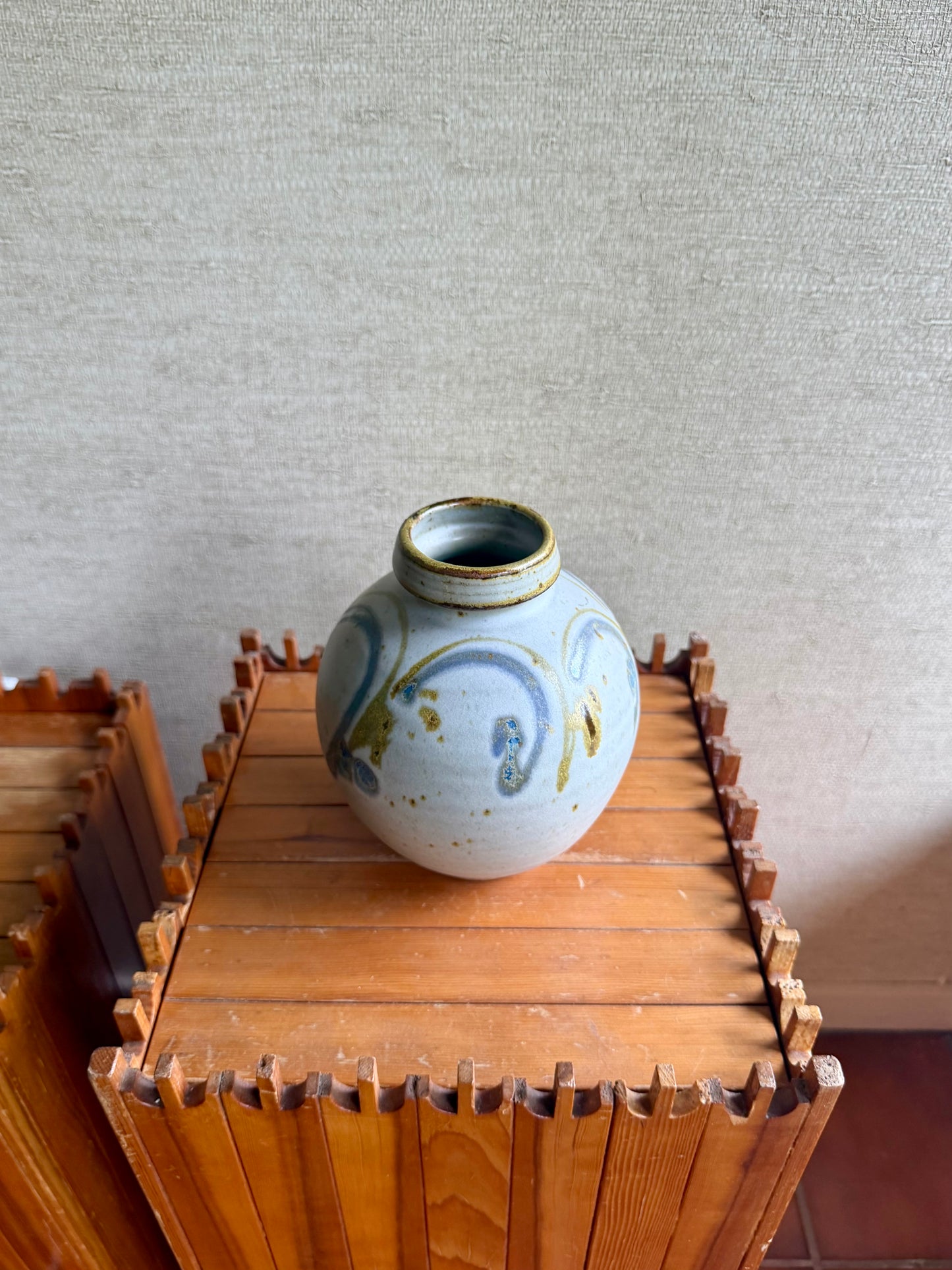 Vintage Handmade One-of-a-Kind Round White Blue Green Stoneware Studio Pottery Vase by Eric and Barb Havill, ca. 1970's