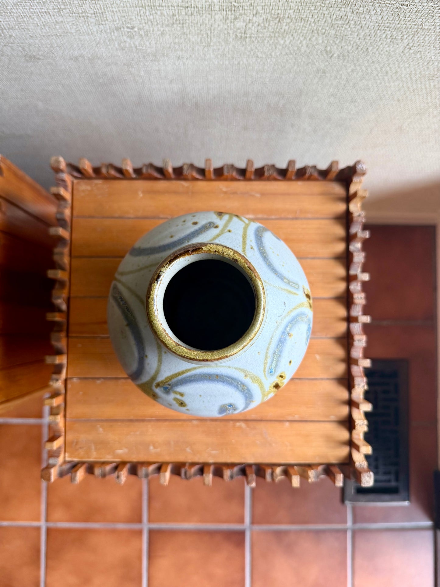 Vintage Handmade One-of-a-Kind Round White Blue Green Stoneware Studio Pottery Vase by Eric and Barb Havill, ca. 1970's