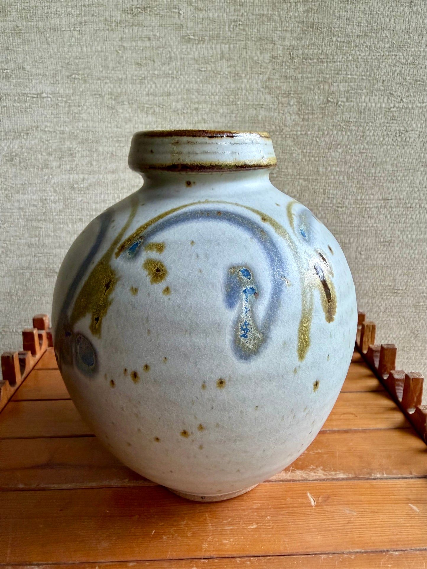 Vintage Handmade One-of-a-Kind Round White Blue Green Stoneware Studio Pottery Vase by Eric and Barb Havill, ca. 1970's