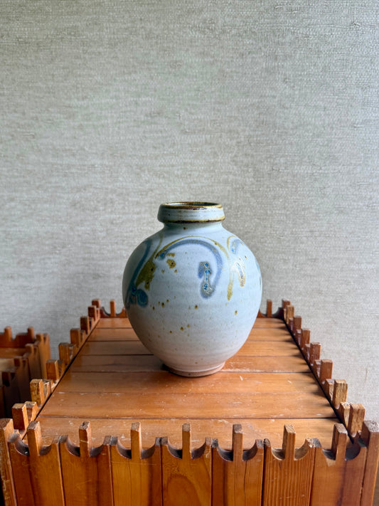 Vintage Handmade One-of-a-Kind Round White Blue Green Stoneware Studio Pottery Vase by Eric and Barb Havill, ca. 1970's