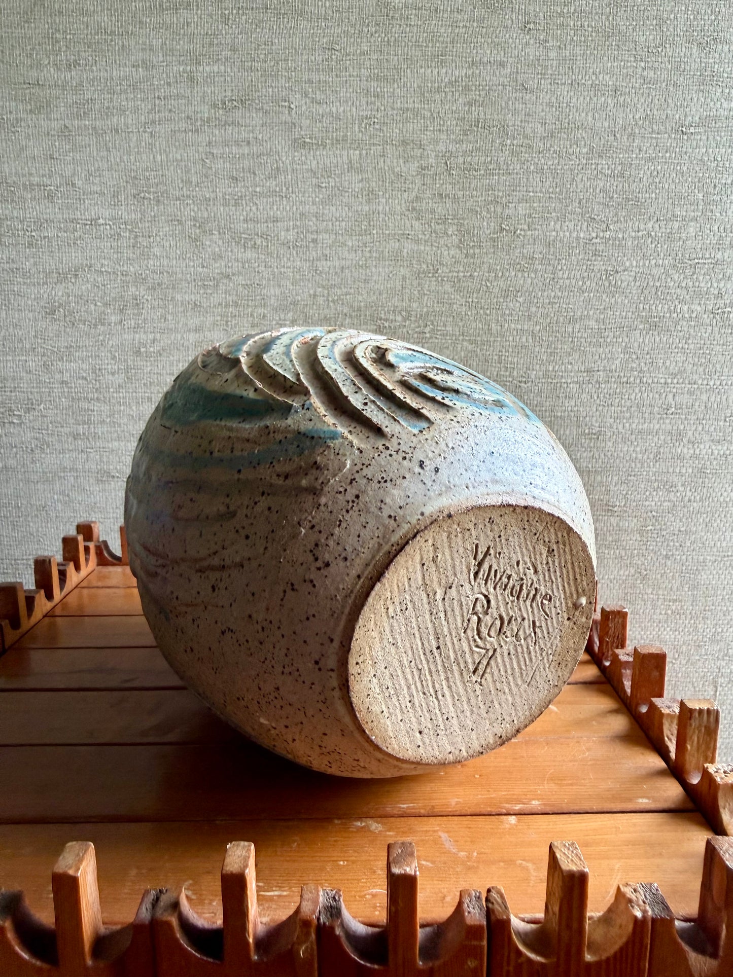 Vintage Handmade One-of-a-Kind White Blue Abstract Stoneware Bottle Vase by Viviane Roux, ca. 1971