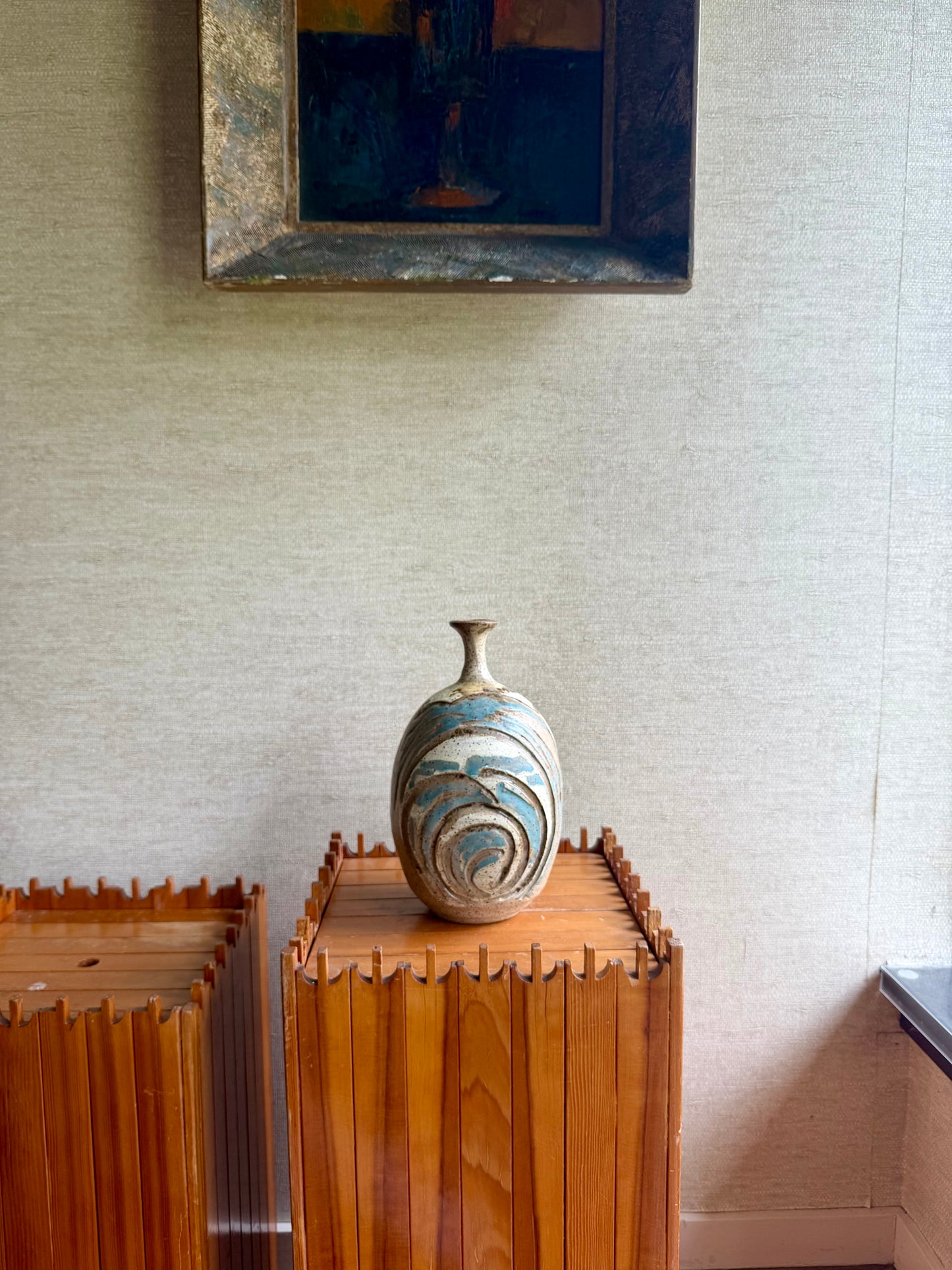 Vintage Handmade One-of-a-Kind White Blue Abstract Stoneware Bottle Vase by Viviane Roux, ca. 1971
