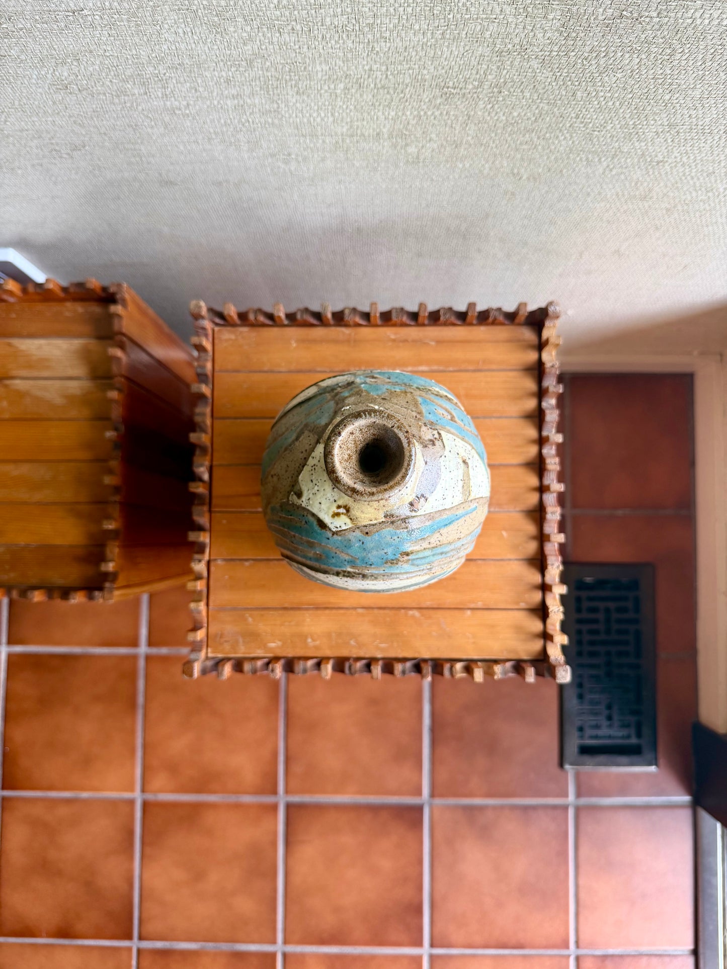 Vintage Handmade One-of-a-Kind White Blue Abstract Stoneware Bottle Vase by Viviane Roux, ca. 1971