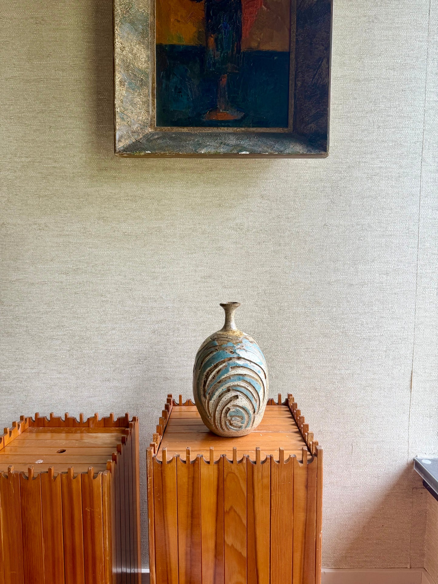 Vintage Handmade One-of-a-Kind White Blue Abstract Stoneware Bottle Vase by Viviane Roux, ca. 1971