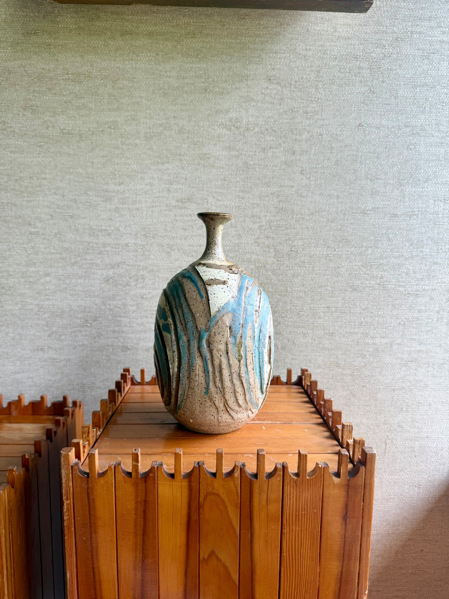 Vintage Handmade One-of-a-Kind White Blue Abstract Stoneware Bottle Vase by Viviane Roux, ca. 1971