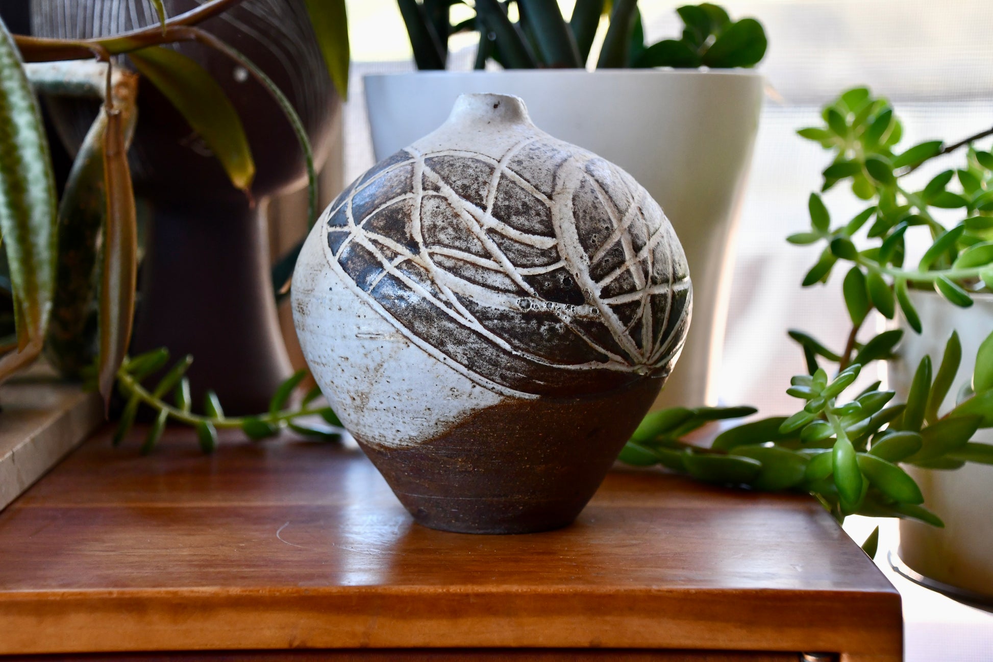 Ceramic vase with leaf patterns on a wooden surface surrounded by plants