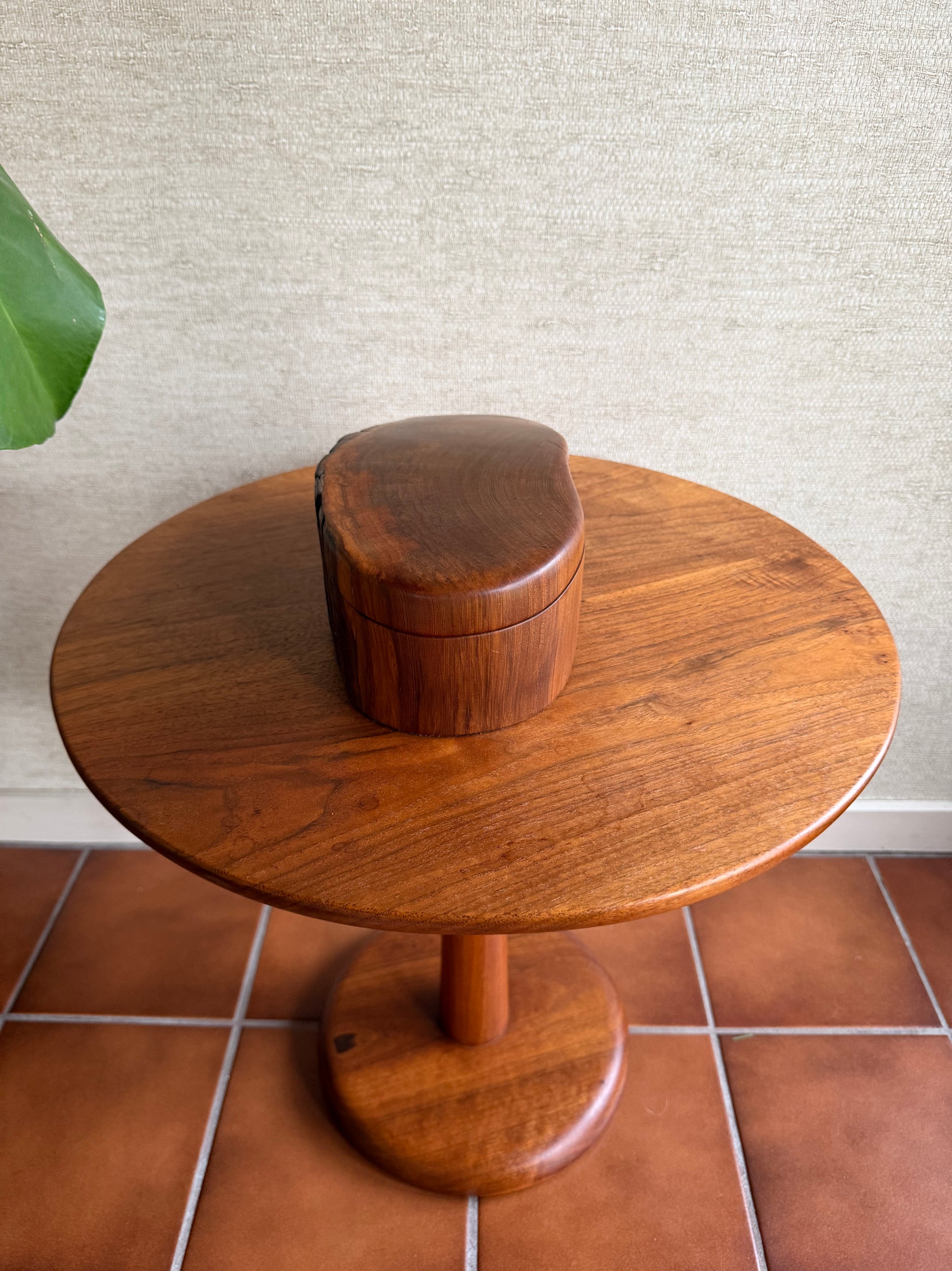 Wooden box on a tiled wall with a plant leaf in the corner