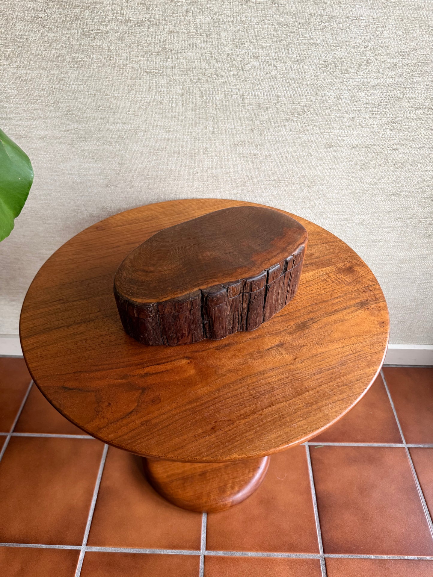 Wooden knob on a tiled wall with a neutral background