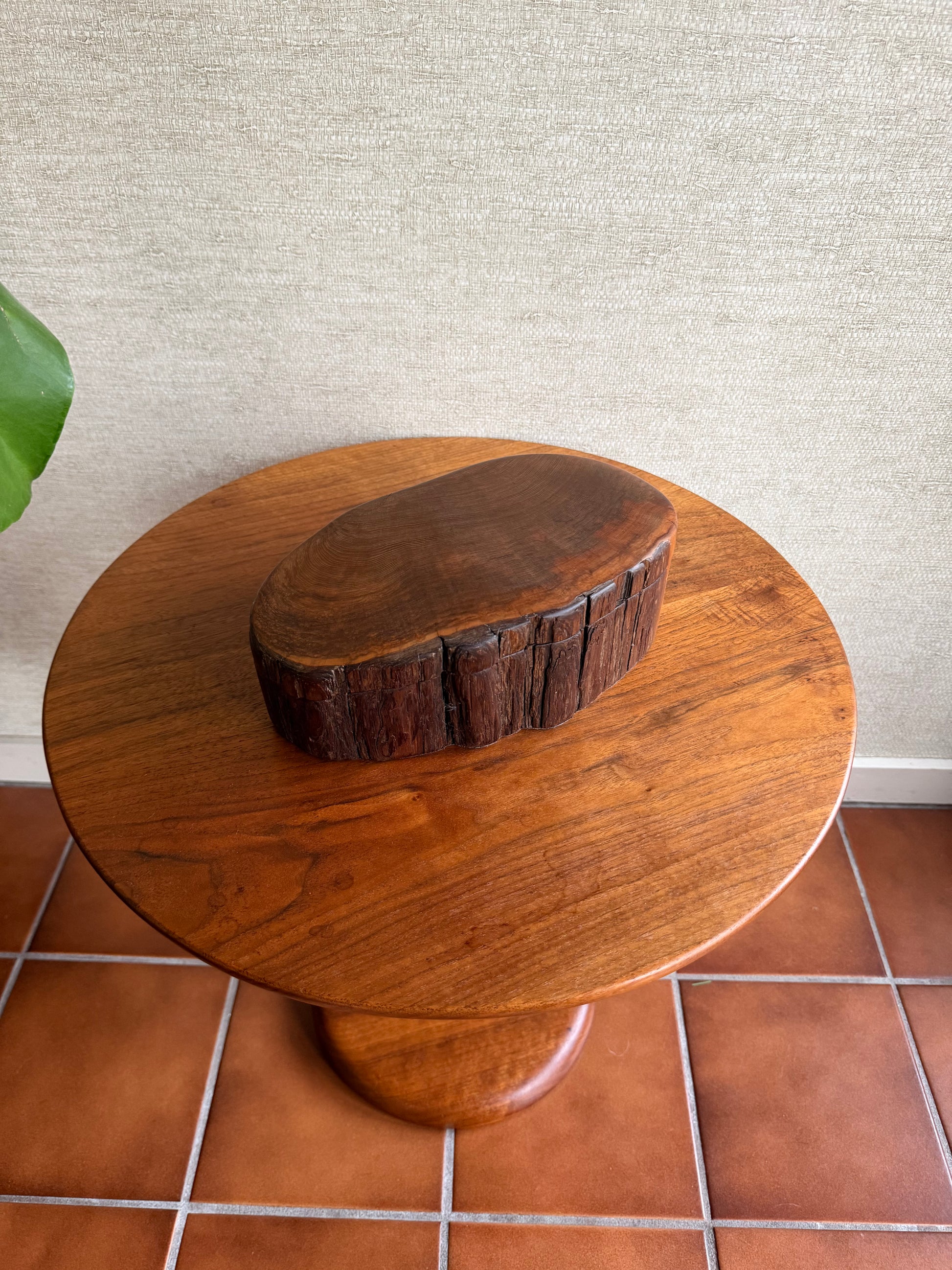 Wooden knob on a tiled wall with a neutral background