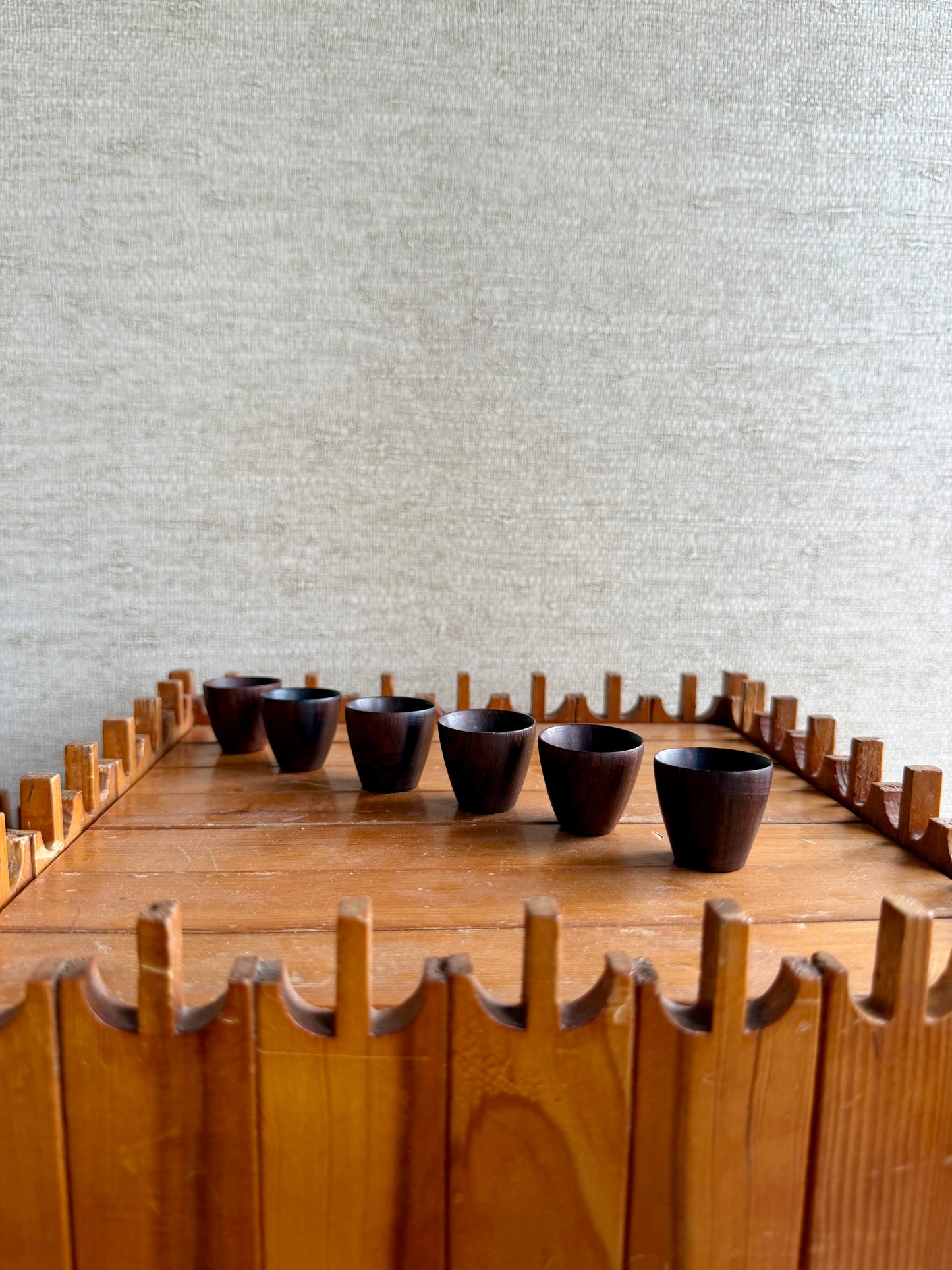 Vintage Handmade Set of 6 Danish Modern Turned Rosewood Shot Glasses, ca. 1960's