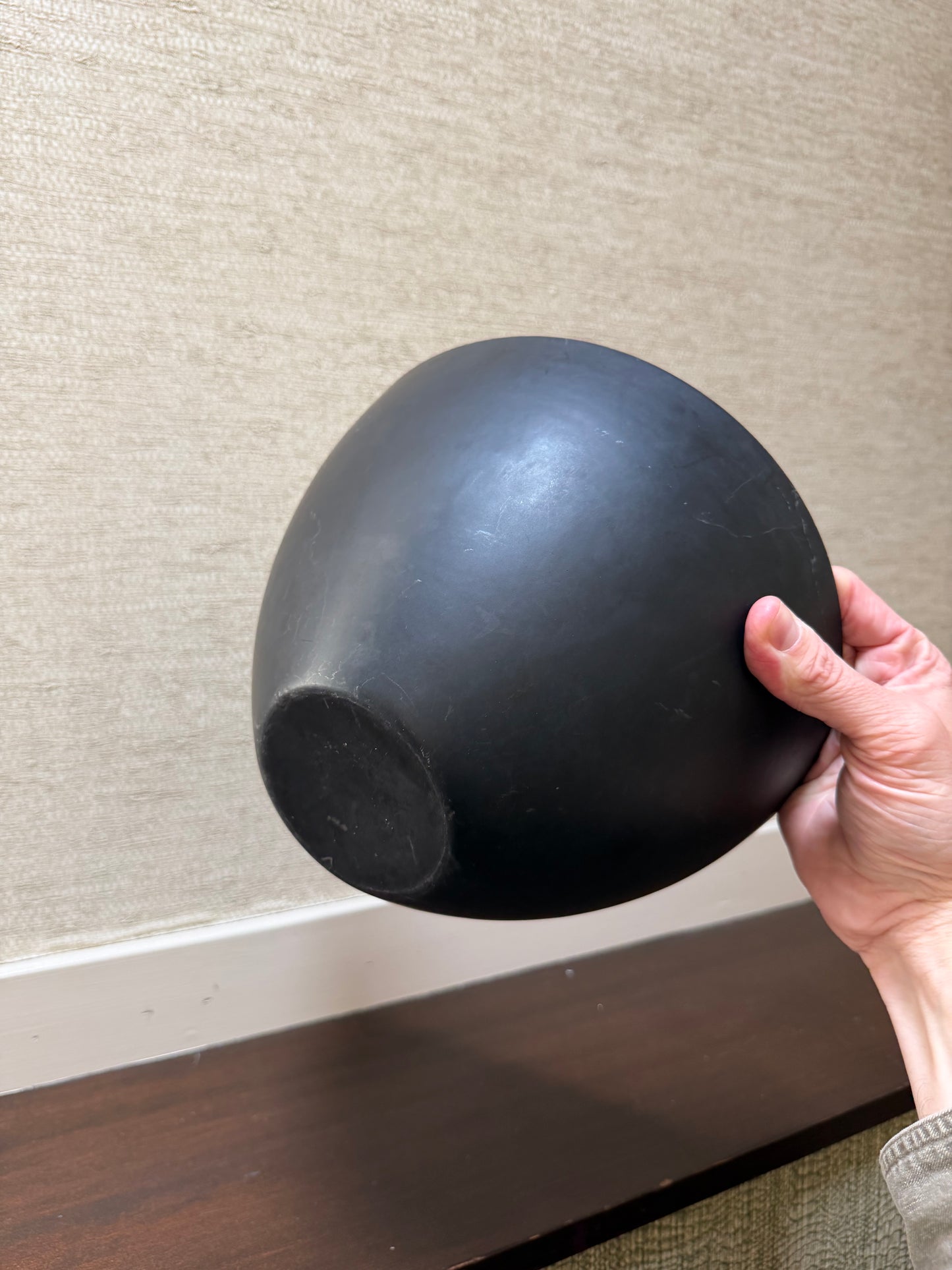 Person holding a black ceramic bowl on a neutral background