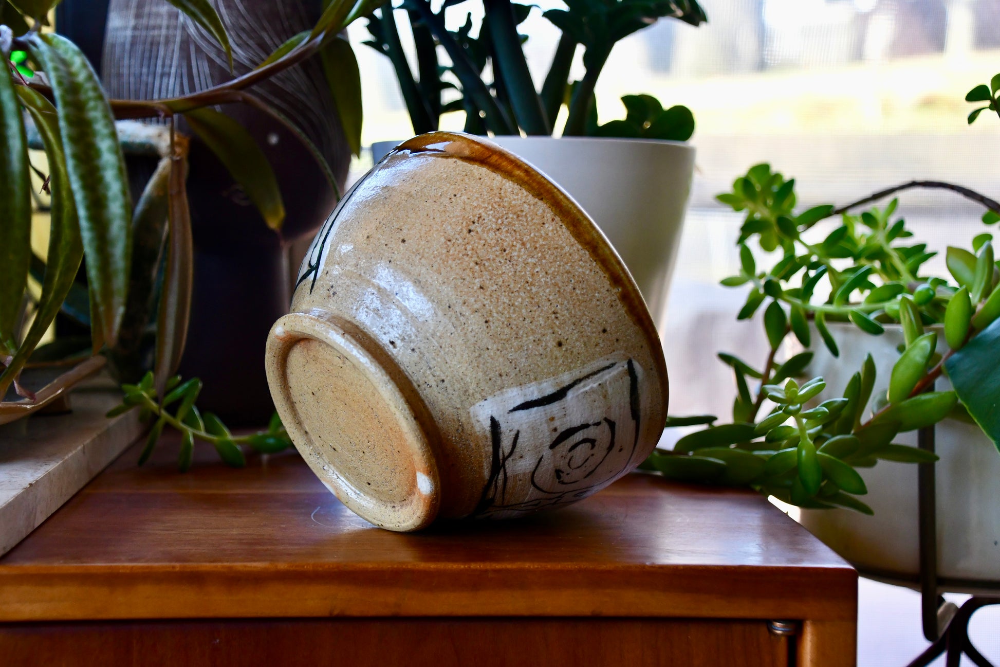 Ceramic mug with a textured surface on a wooden surface surrounded by plants