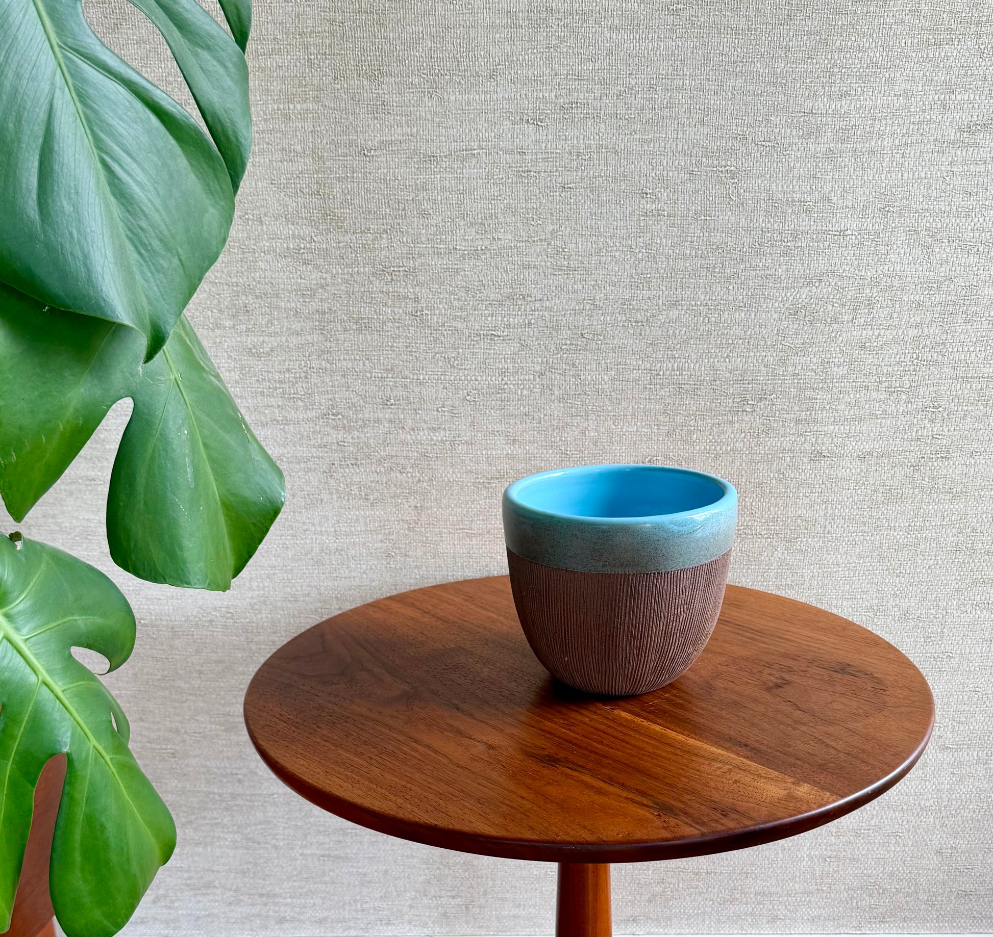 Ceramic cup with two-tone design on a wooden table next to a plant, against a neutral wall.
