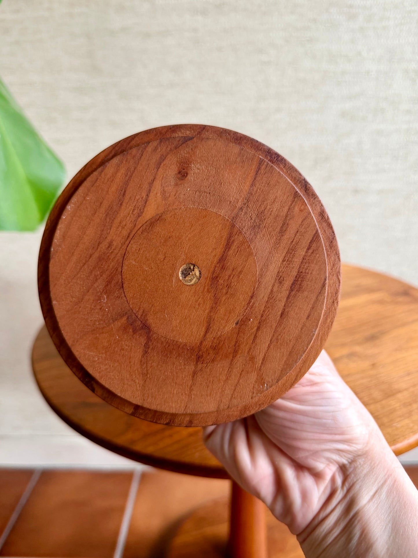 Wooden lid held by a hand with a neutral background