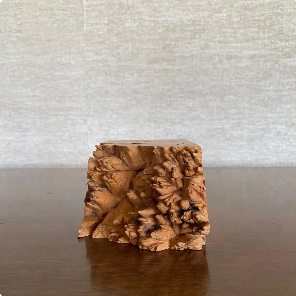 Wooden textured block on a reflective surface with a neutral background