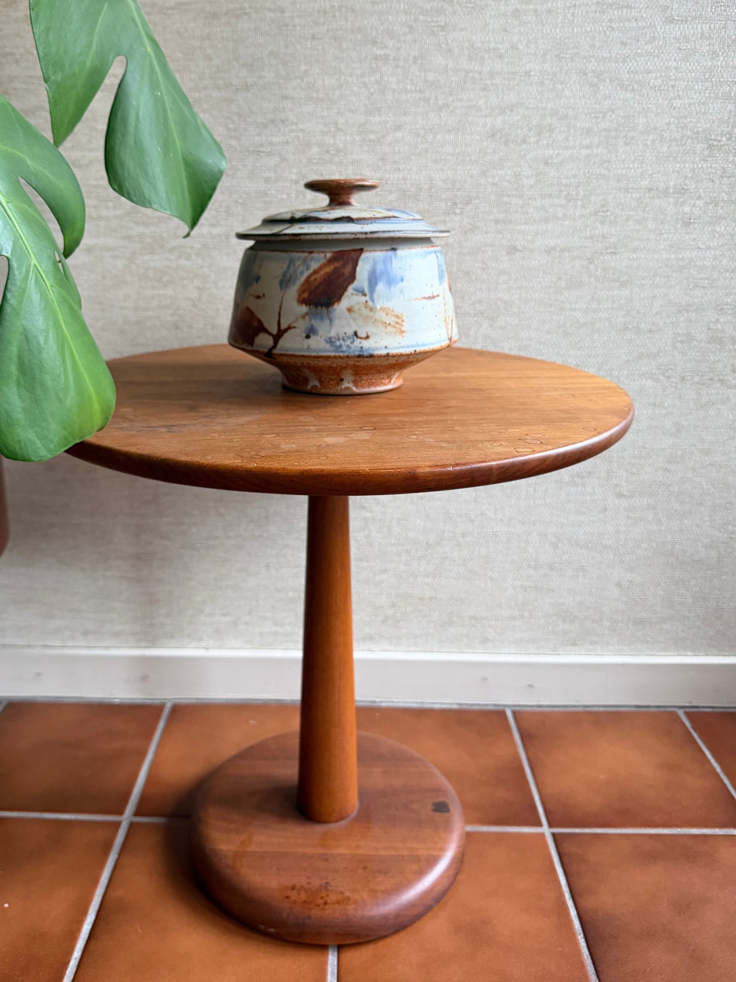 Vintage White Blue and Brown Ceramic Pottery Lidded Bowl