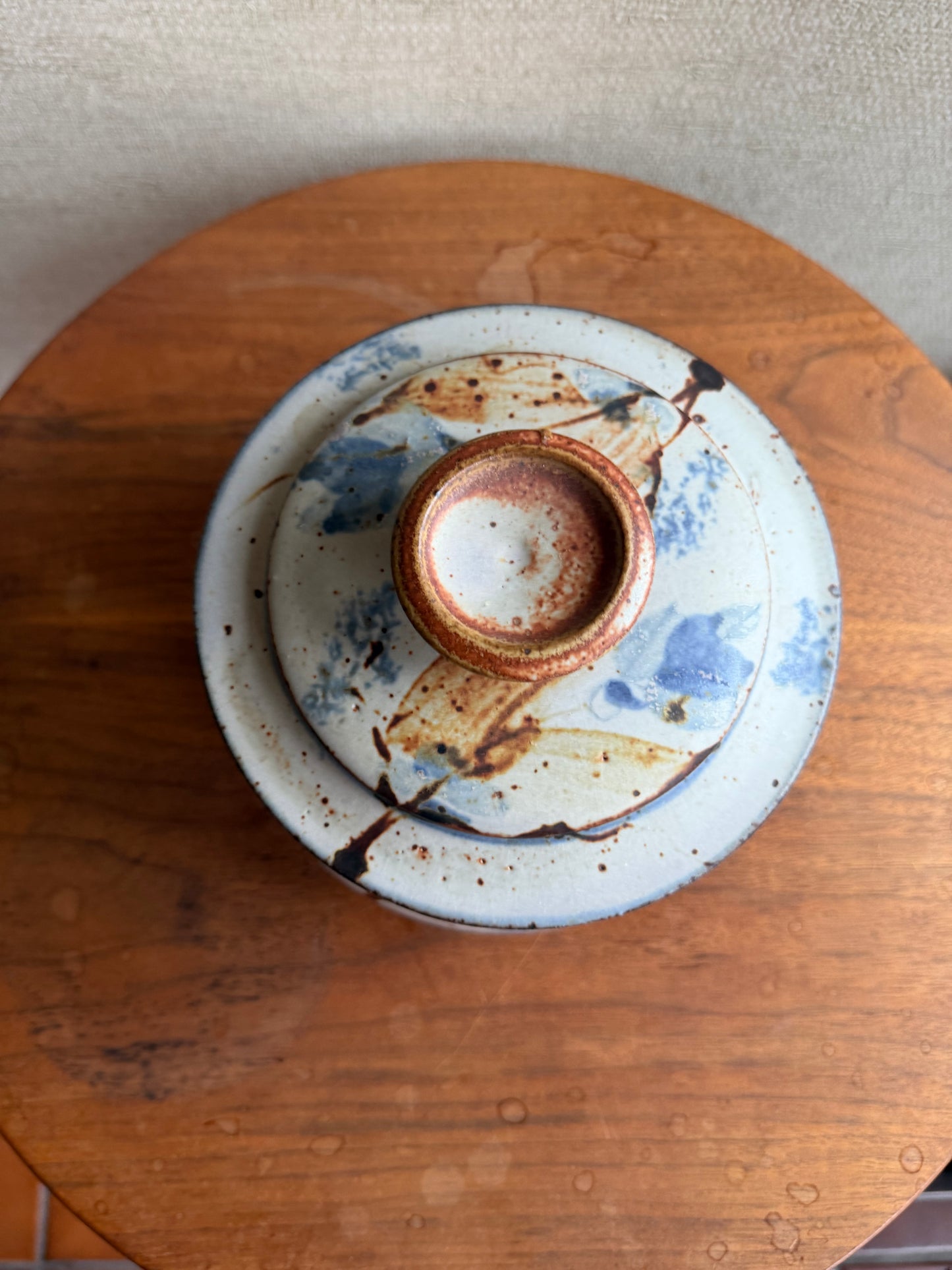 Vintage White Blue and Brown Ceramic Pottery Lidded Bowl