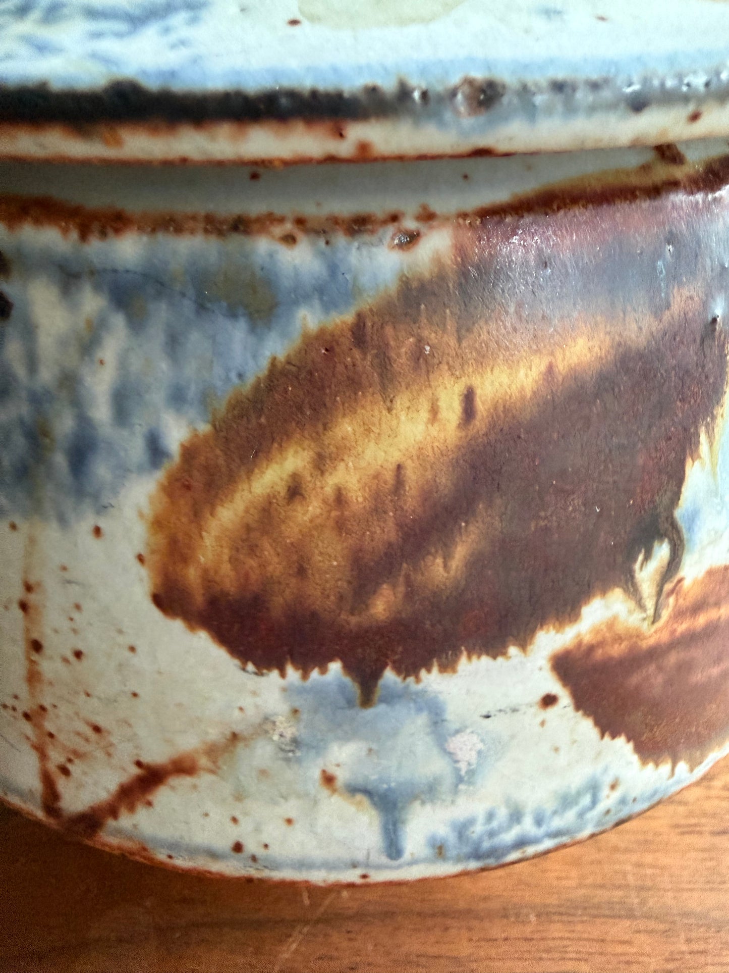 Vintage White Blue and Brown Ceramic Pottery Lidded Bowl
