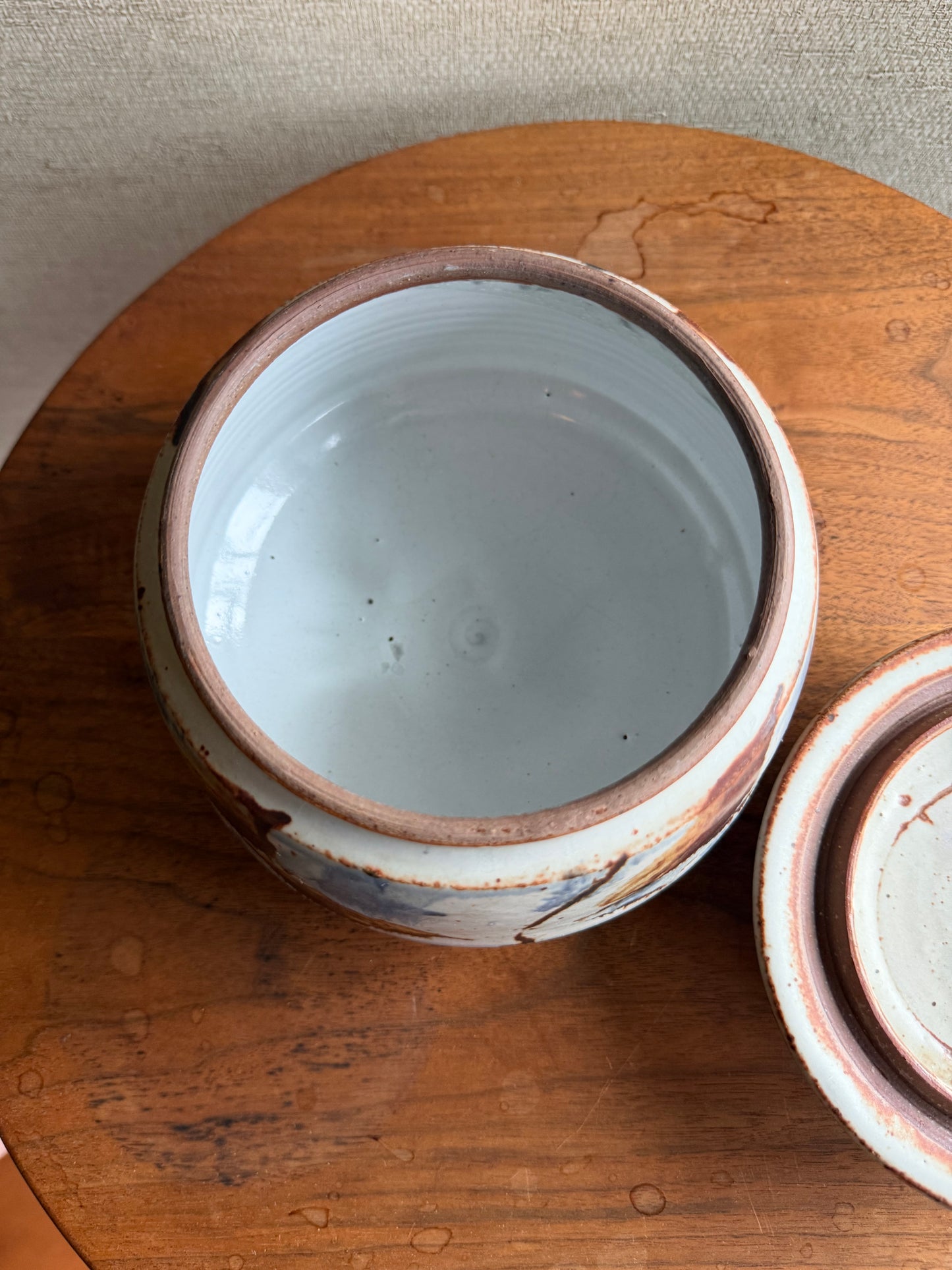 Vintage White Blue and Brown Ceramic Pottery Lidded Bowl