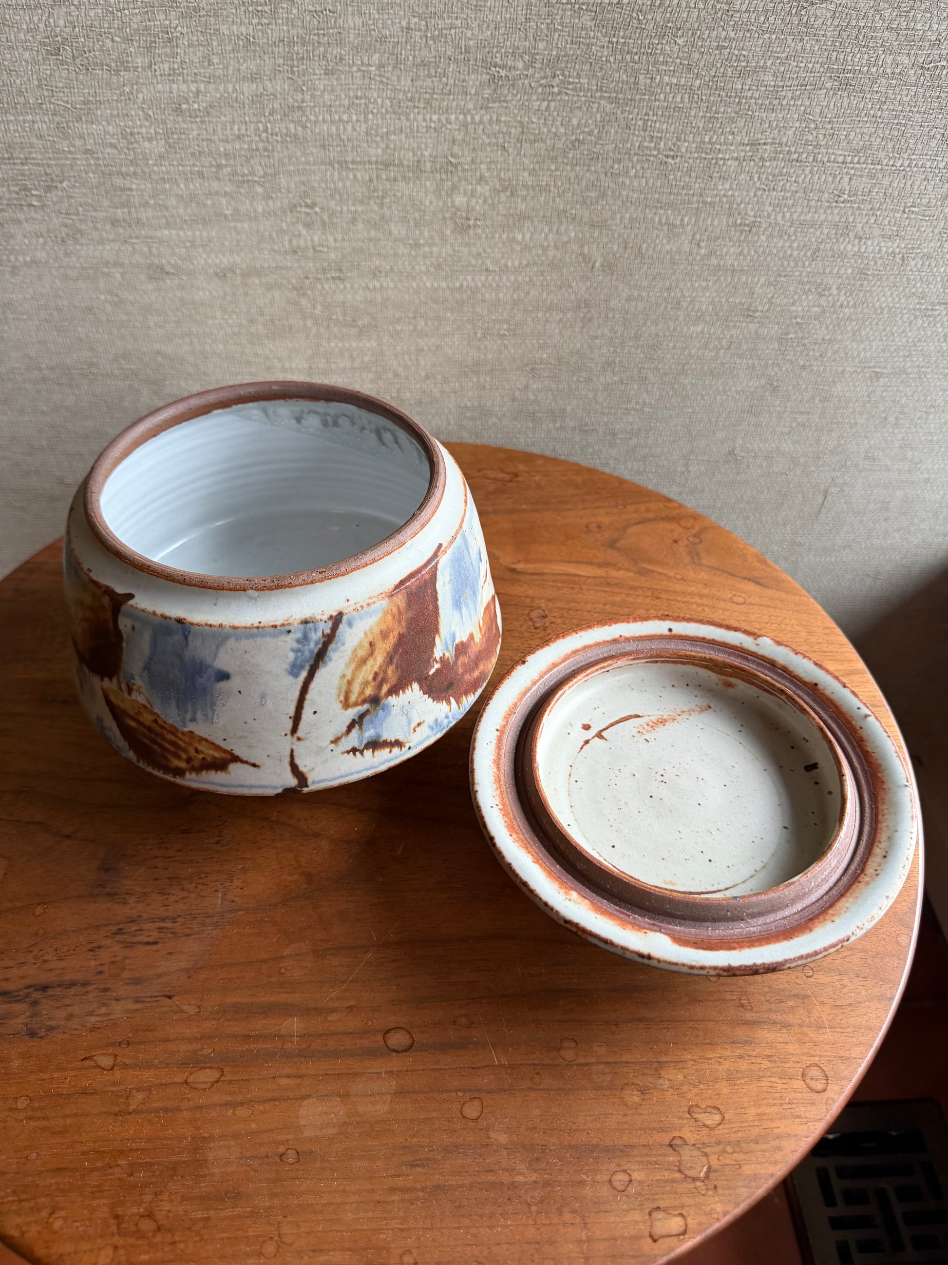 Vintage White Blue and Brown Ceramic Pottery Lidded Bowl