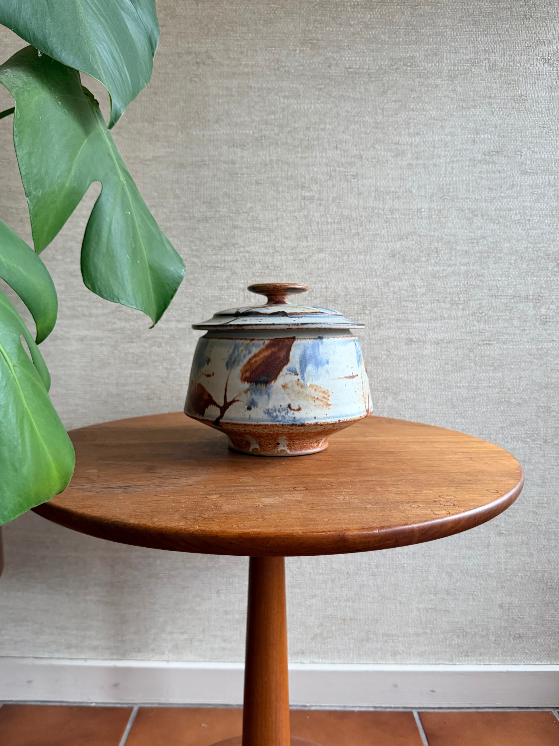 Vintage White Blue and Brown Ceramic Pottery Lidded Bowl