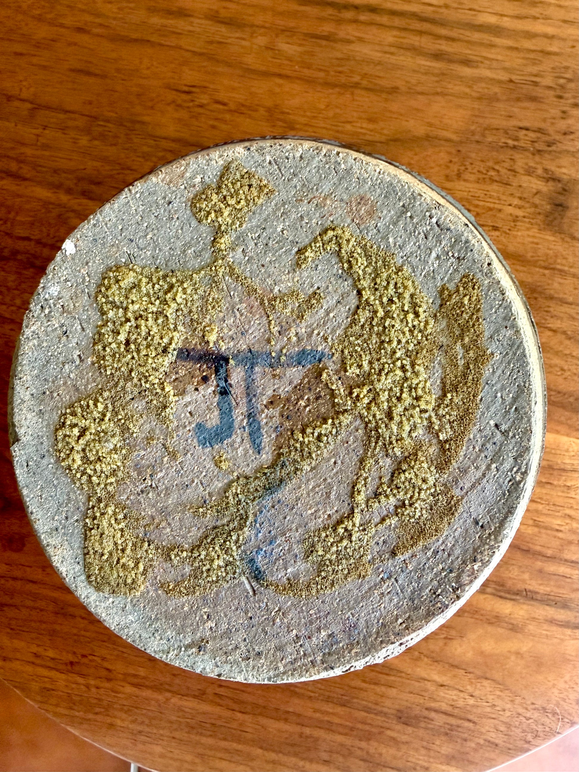 Bottom of Stoneware pottery vase with JT signature