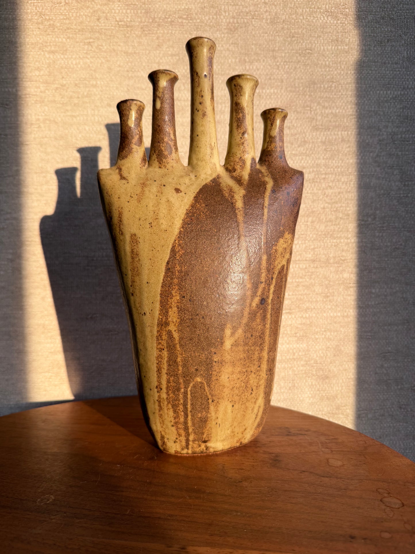 Vintage Ceramic Pottery 5 Spout Vase on wood table