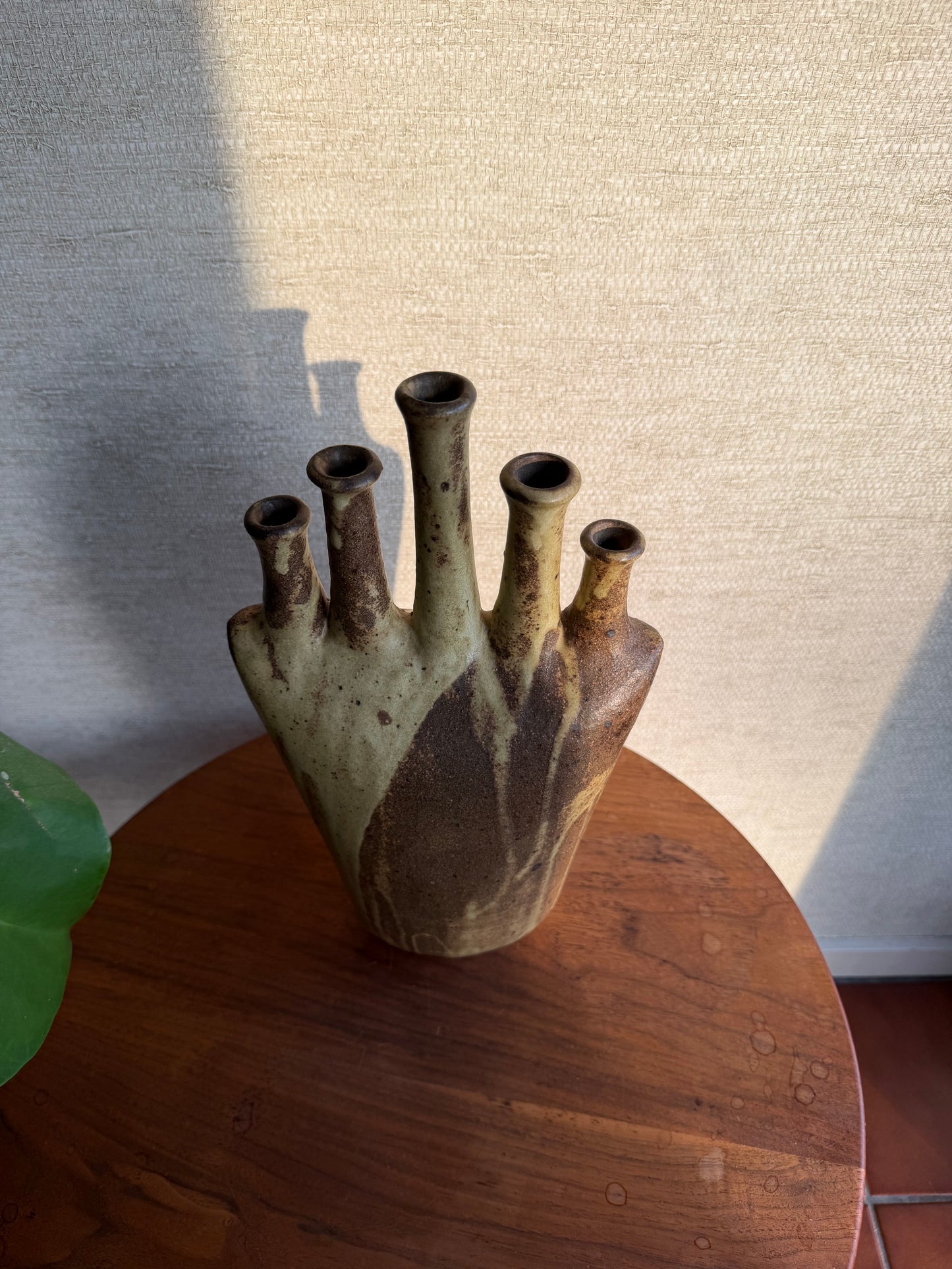 Vintage Ceramic Pottery 5 Spout Vase on wood table