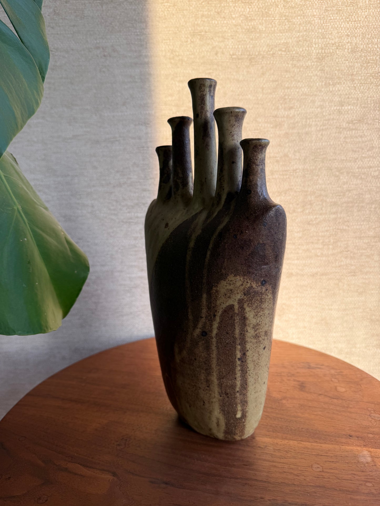 Vintage Ceramic Pottery 5 Spout Vase on wood table