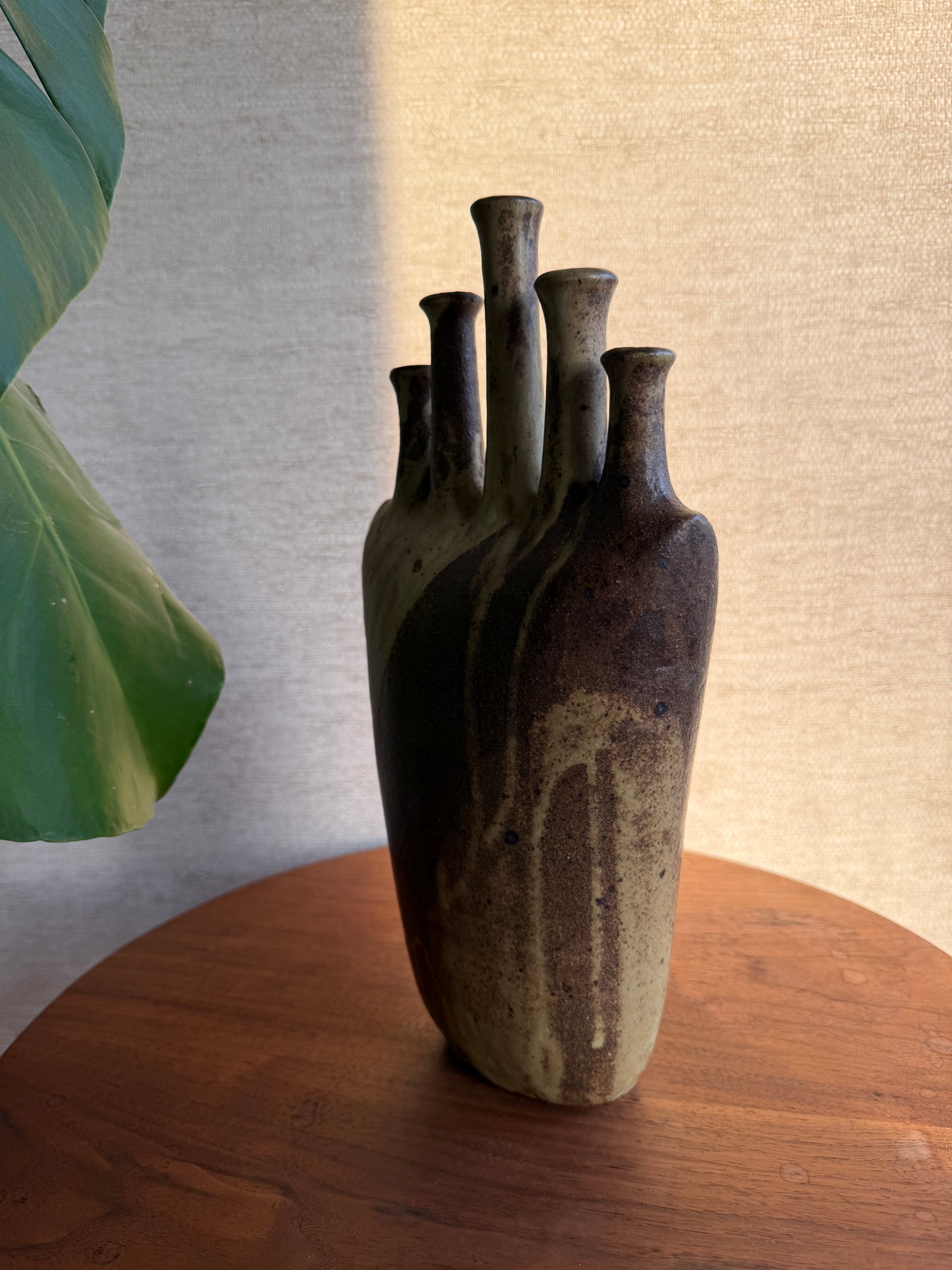 Vintage Ceramic Pottery 5 Spout Vase on wood table