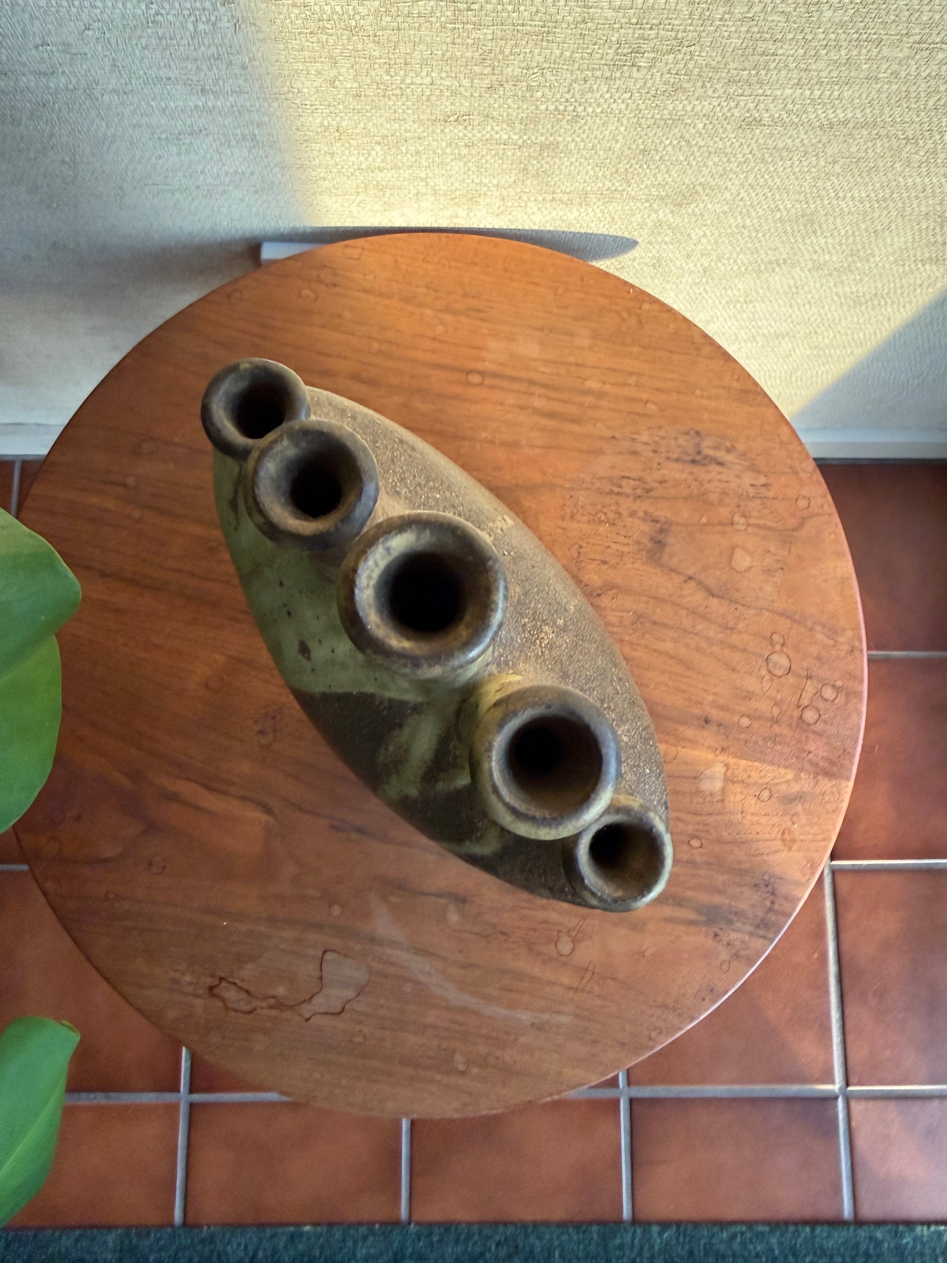 Vintage Ceramic Pottery 5 Spout Vase on wood table