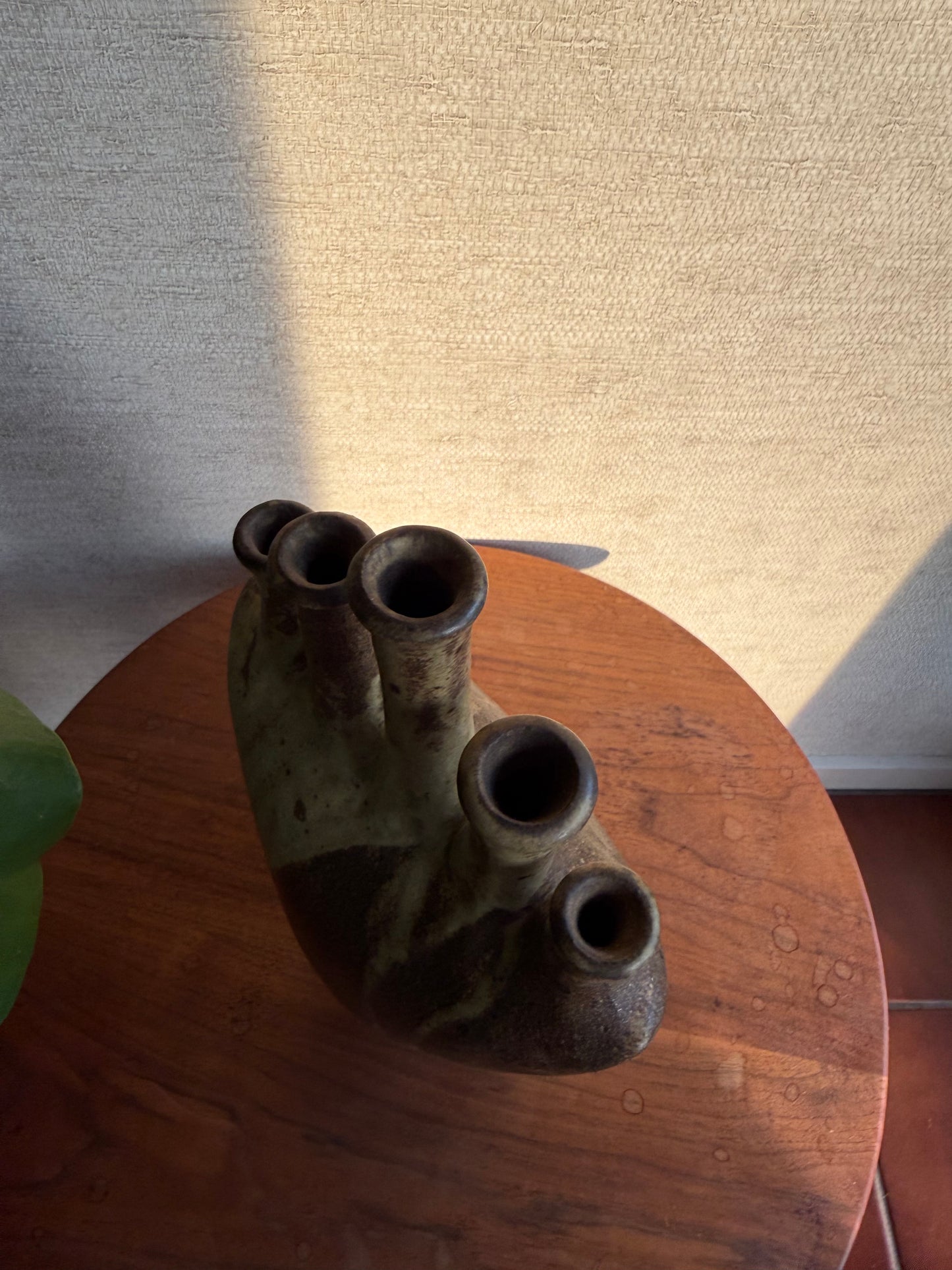 Vintage Ceramic Pottery 5 Spout Vase on wood table