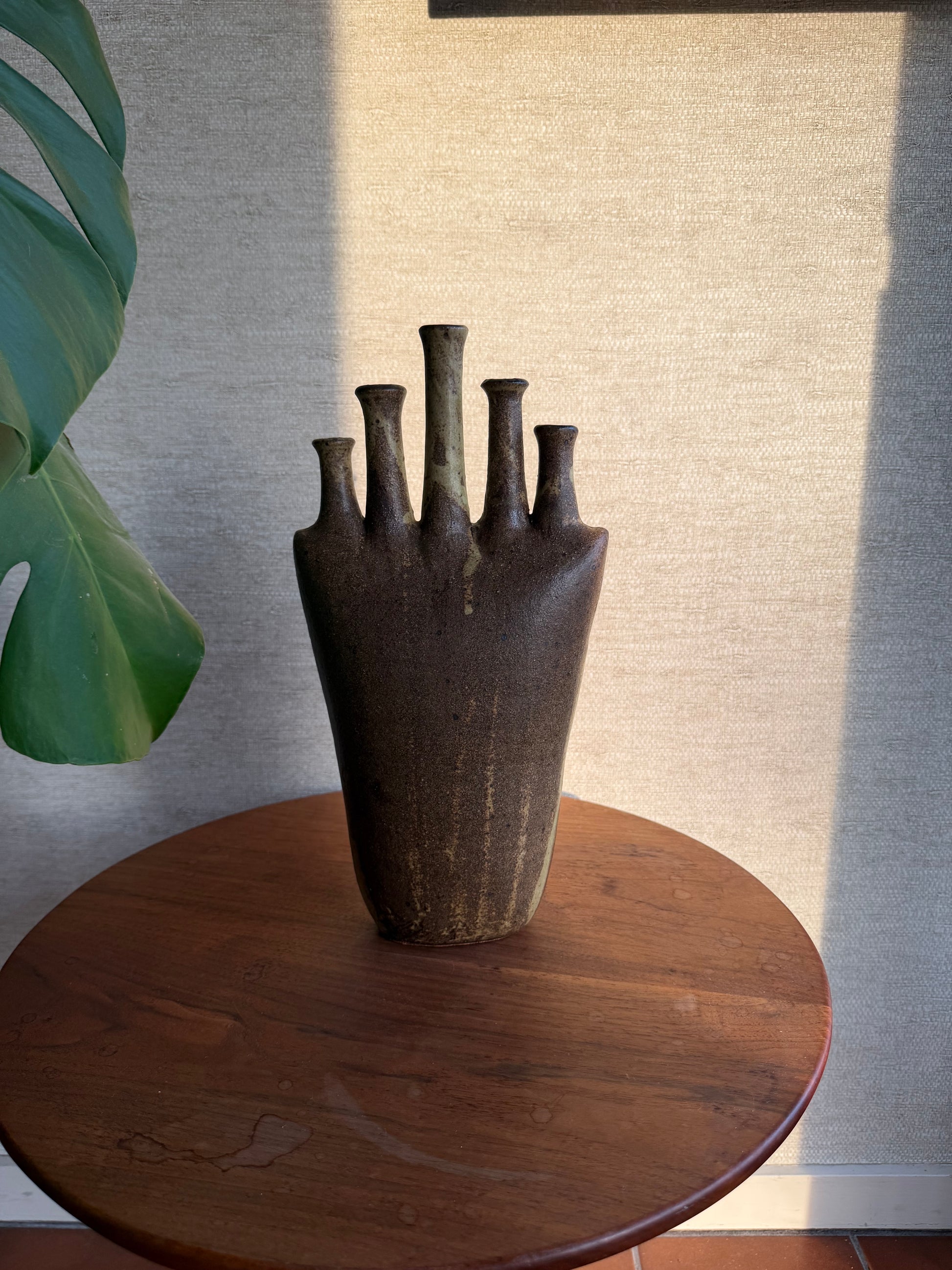 Vintage Ceramic Pottery 5 Spout Vase on wood table